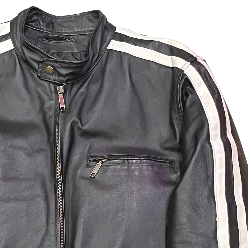 Y2K Max Rider Black Leather Moto Jacket – Racing Stripe – Size L - Picture 6 of 12